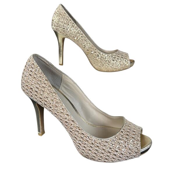 Audrey Brooke Pumps Women Size 9 Gold Glitter Peep Toe Glam Party Holiday Heels - Picture 1 of 9